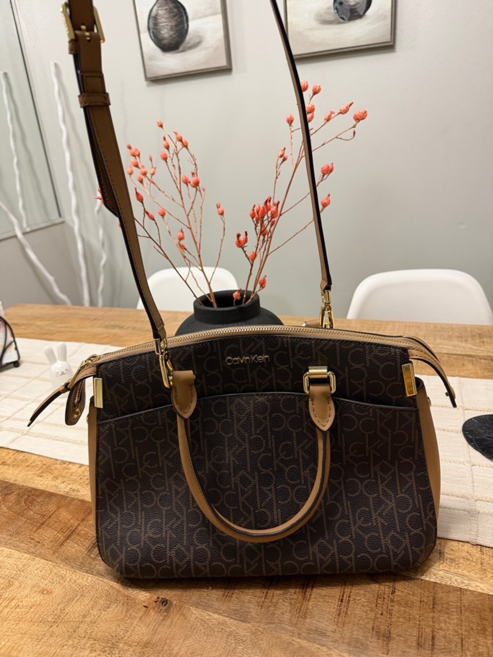 Calvin Klein Dark Brown Monogram Satchel with Tan Trim